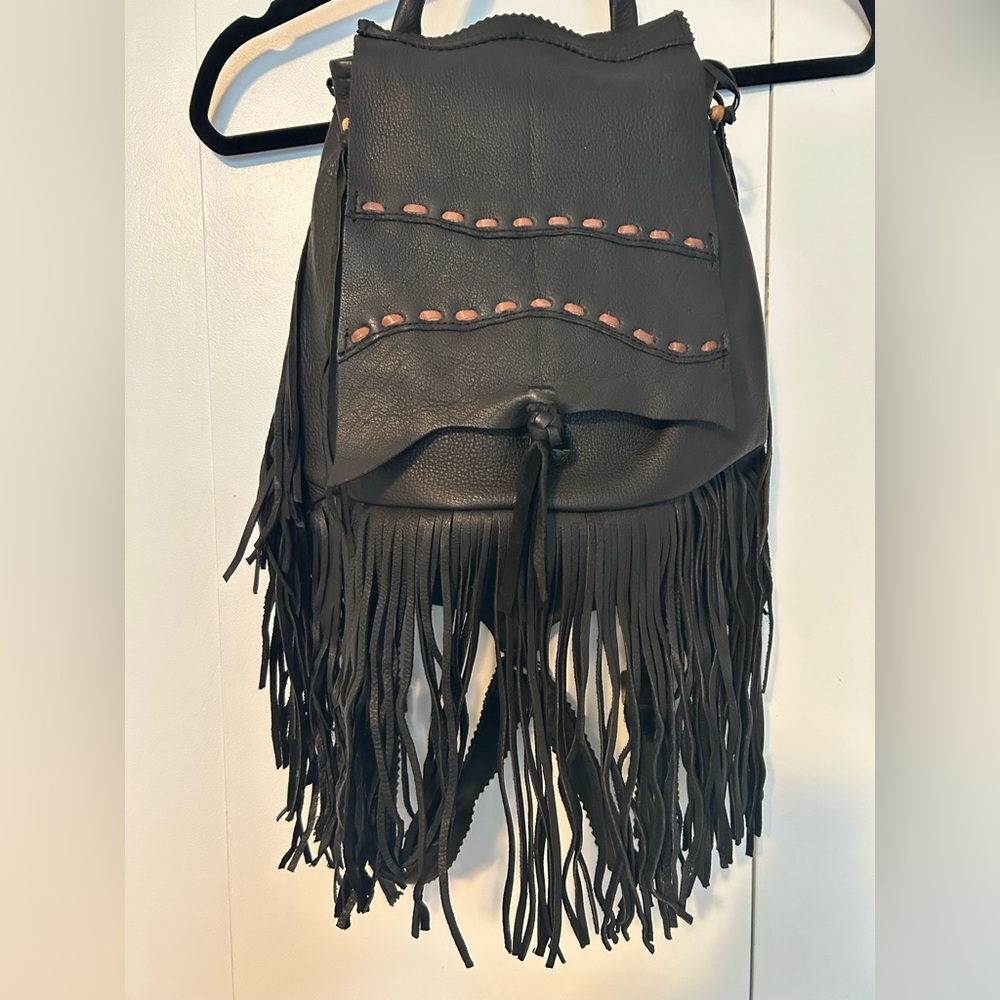 NWOT Black Leather BACKPACK with Fringe